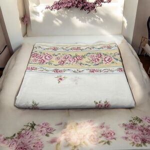 Vintage Shabby Chic Fieldcrest Cannon Pink Roses Cottage Flat Bed Sheet 78x96